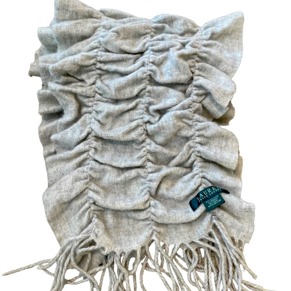 Lauren Ralph Lauren Wool Gray Ruched Ruffle Fringe Scarf